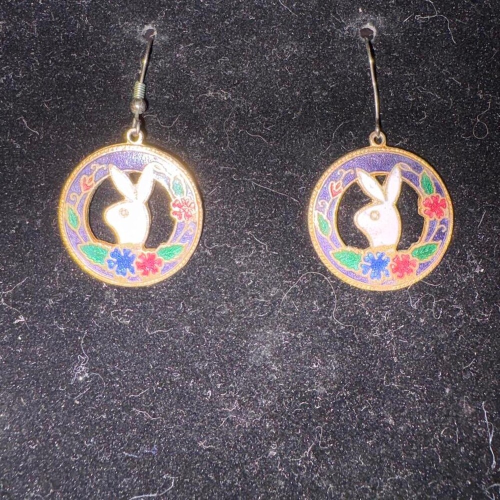 Playboy bunny earrings with purple background, red & green floral accents #bunny